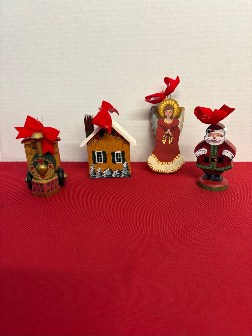 B.J. Messmer Holiday Wooden Ornaments lot of 4 -signed 1972-1995-2001-2004